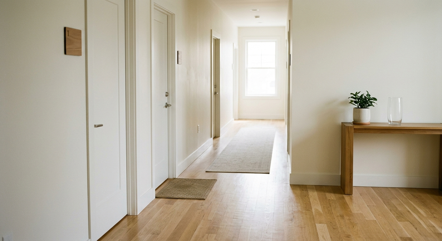 Clean, minimal photograph related to sober living and landlord-tenant law: where you stand in recovery housing. No people, no text.