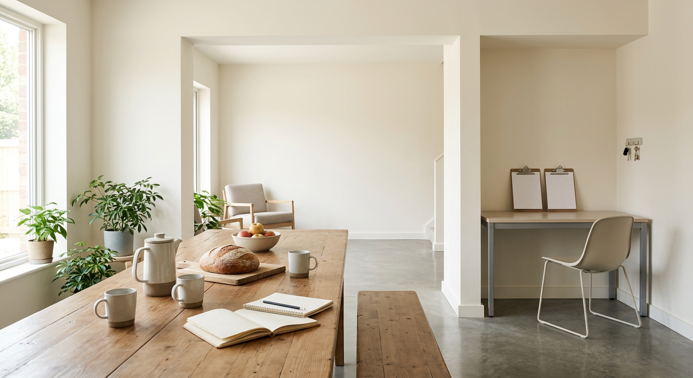 Clean, minimal photograph related to what is an oxford house and how is it different? in recovery housing. No people, no text.