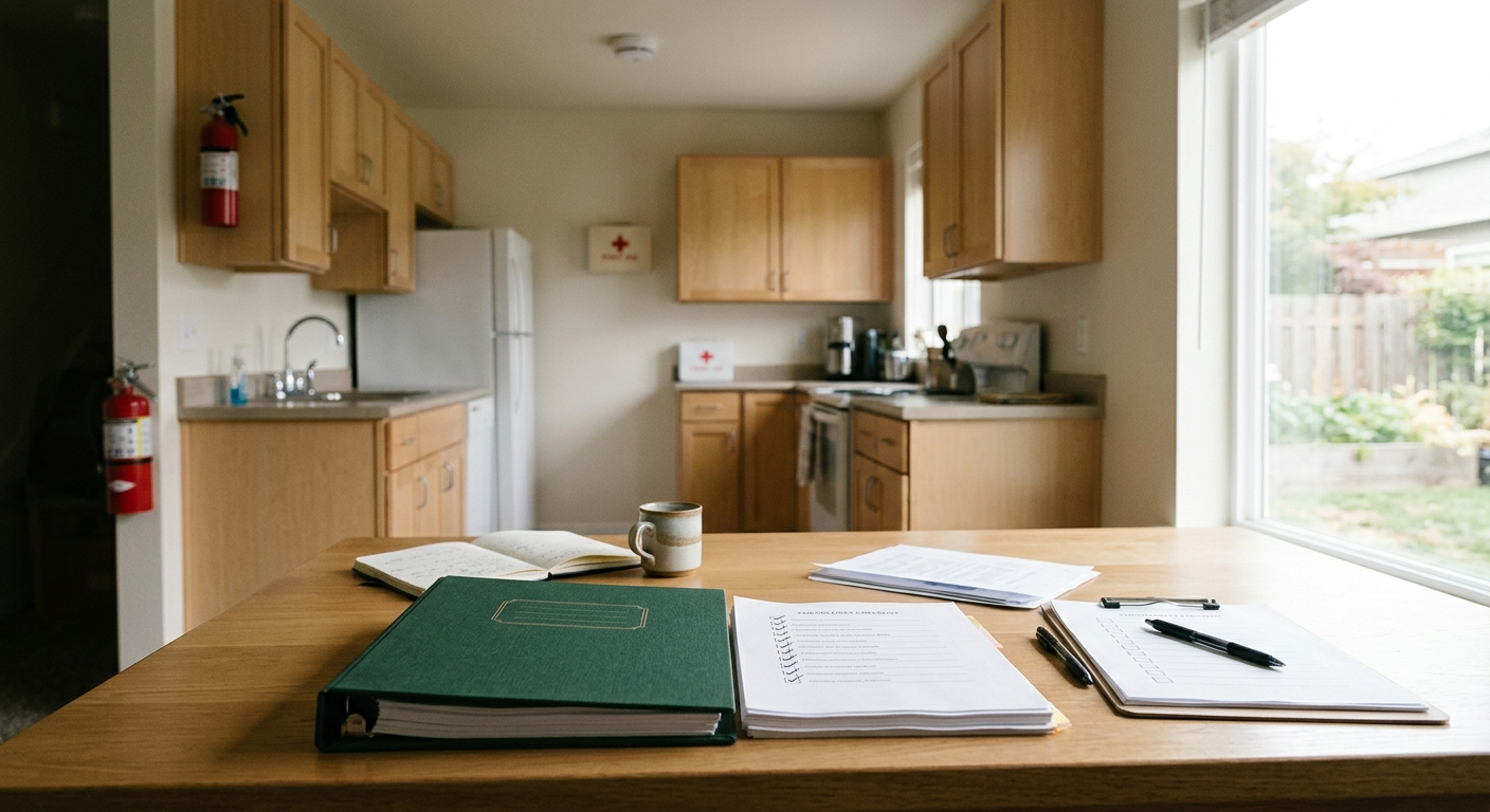 Clean, minimal photograph related to what happens during a state licensing inspection? in recovery housing. No people, no text.