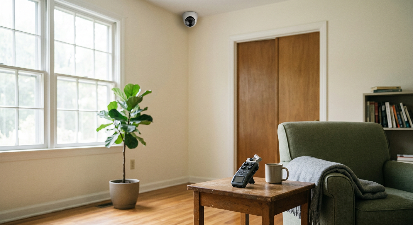 Clean, minimal photograph related to recording policies in sober living: cameras, audio, and privacy in recovery housing. No people, no text.