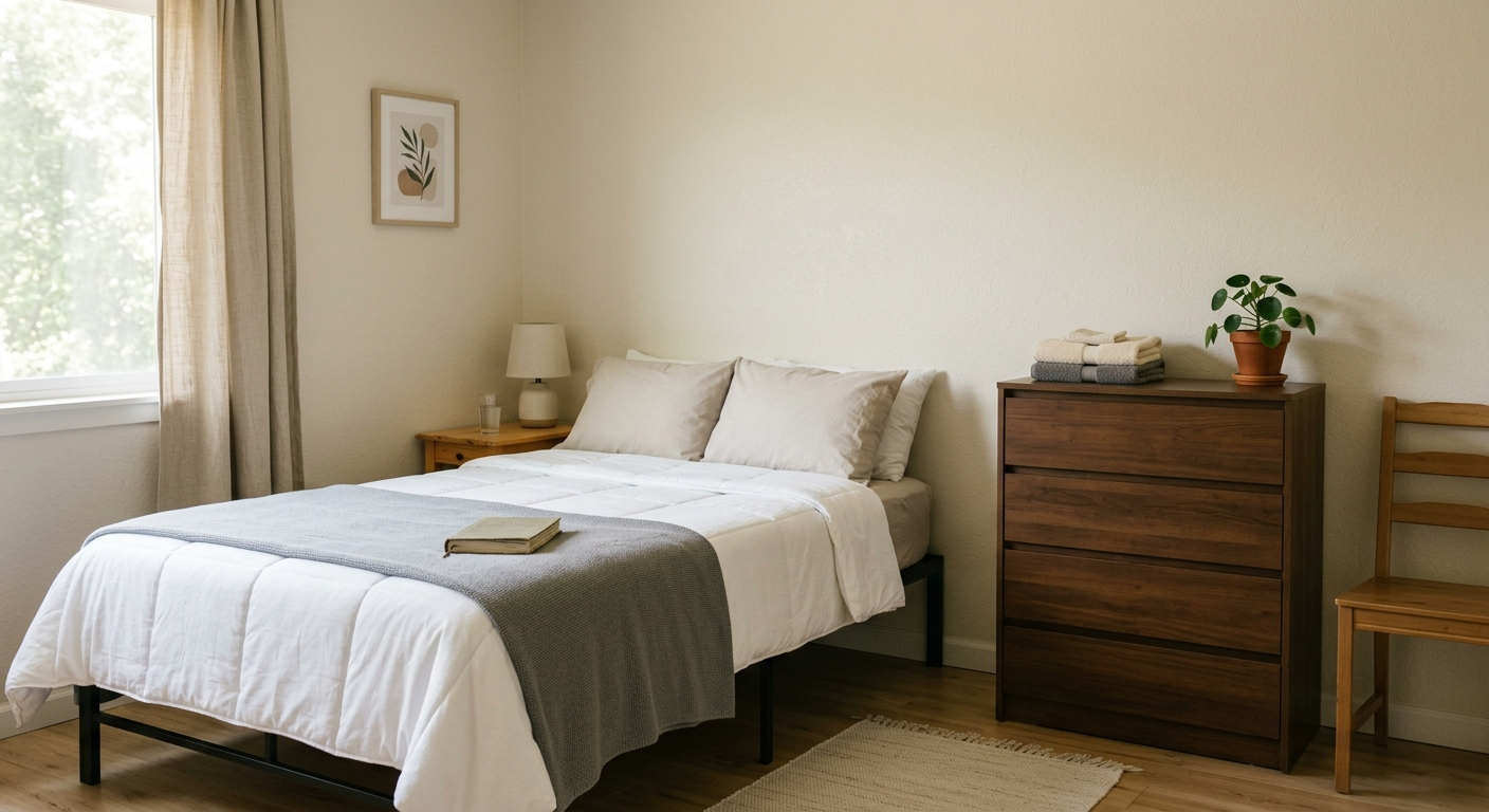 Clean, minimal photograph related to furnishing a sober living home on a budget in recovery housing. No people, no text.