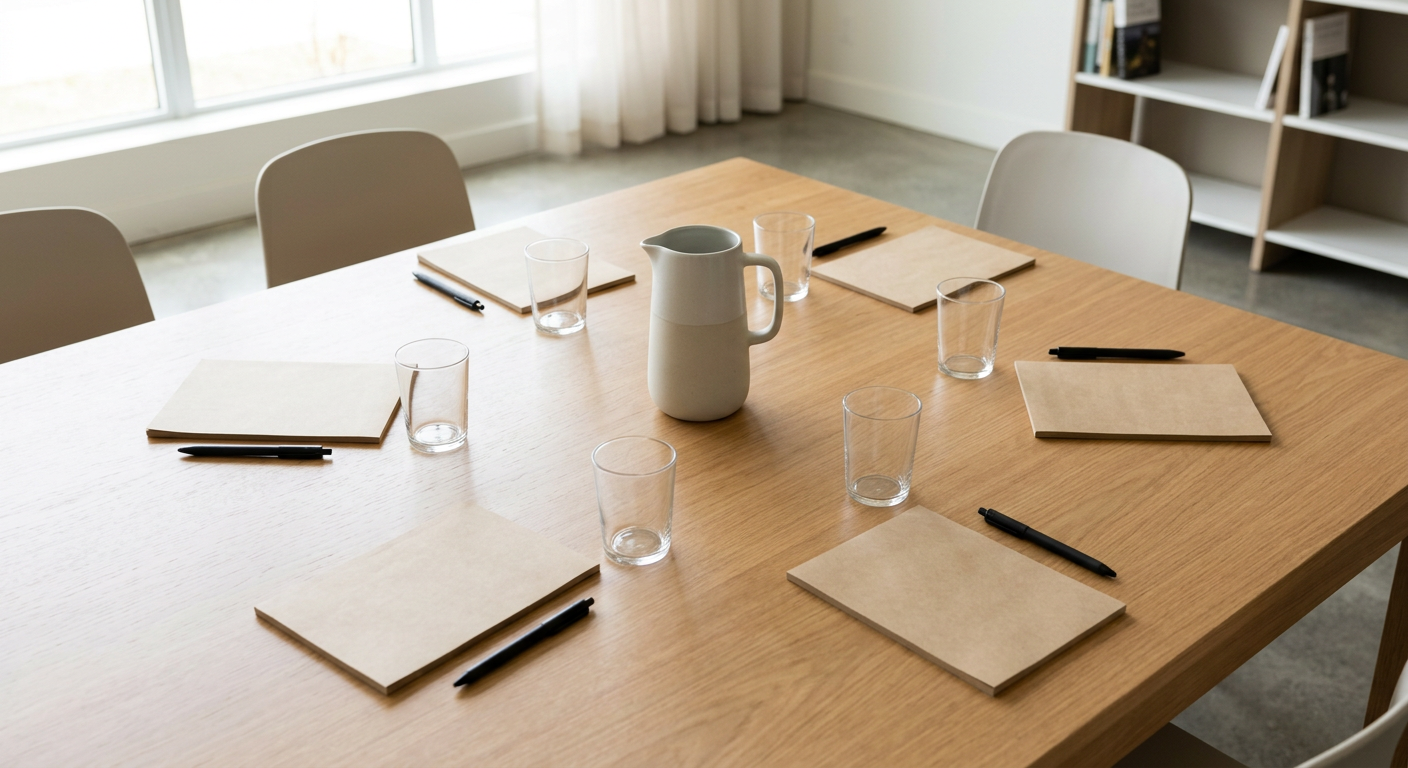 Clean, minimal photograph related to how to run effective house meetings in sober living in recovery housing. No people, no text.