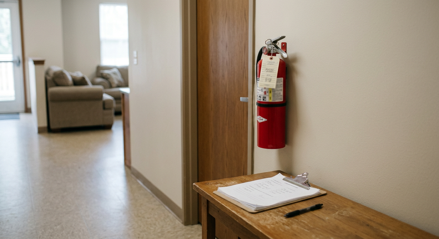 Clean, minimal photograph related to fire and safety inspections for sober living homes in recovery housing. No people, no text.