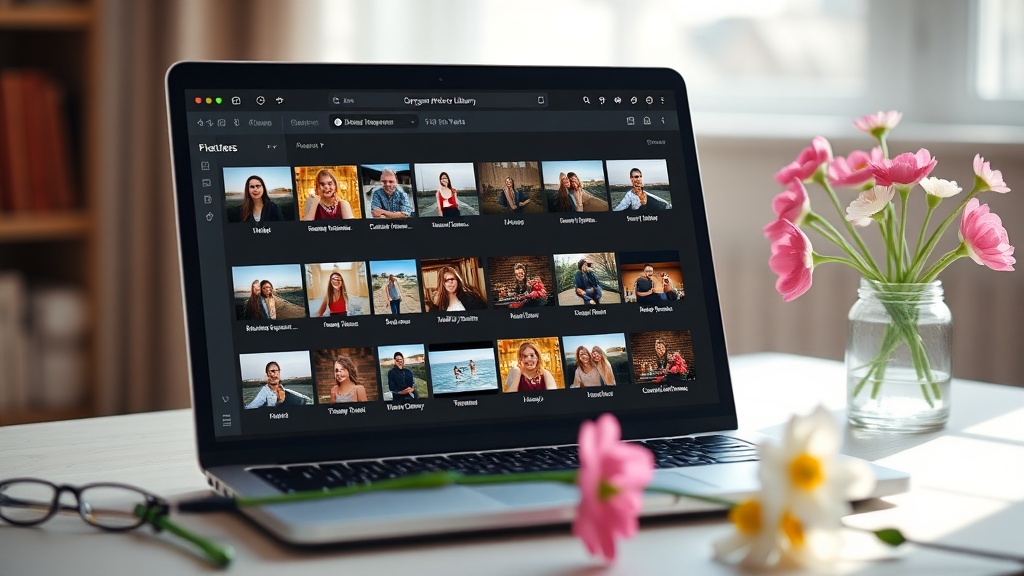 Laptop screen showing organized photo folders by year, spring flowers on the desk