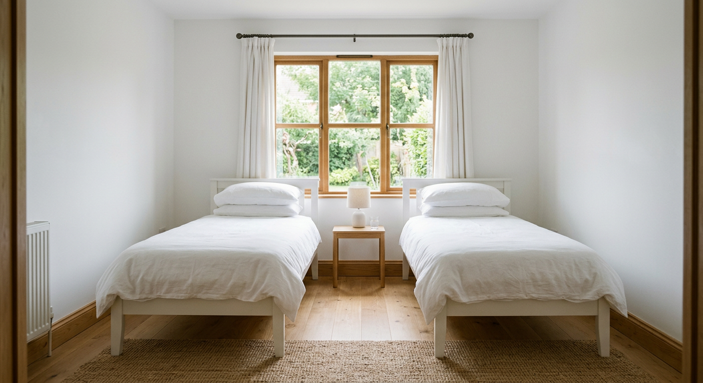 Empty residential bedroom with two single beds, clean white walls, natural lighting through window