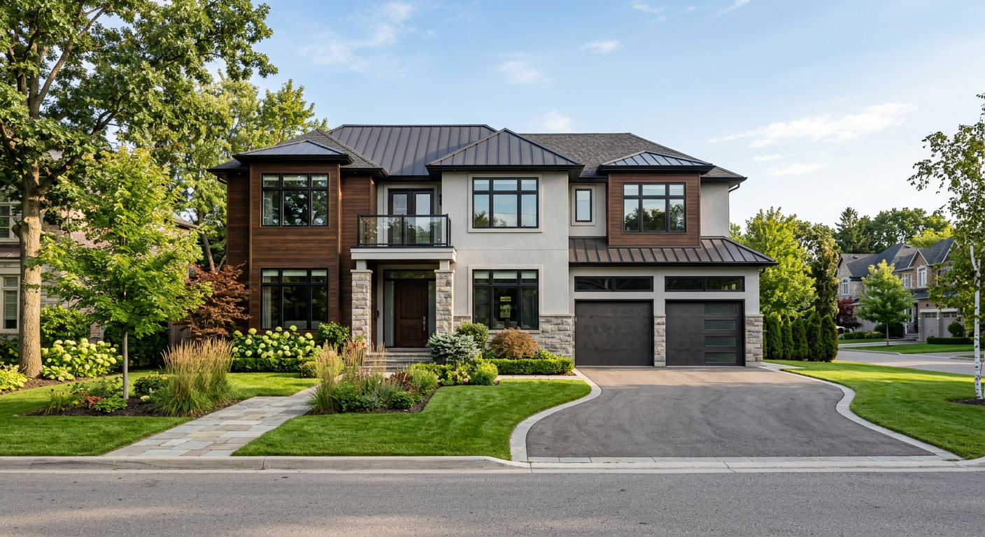 Modern suburban house exterior with multiple bedrooms, well-maintained front yard and driveway