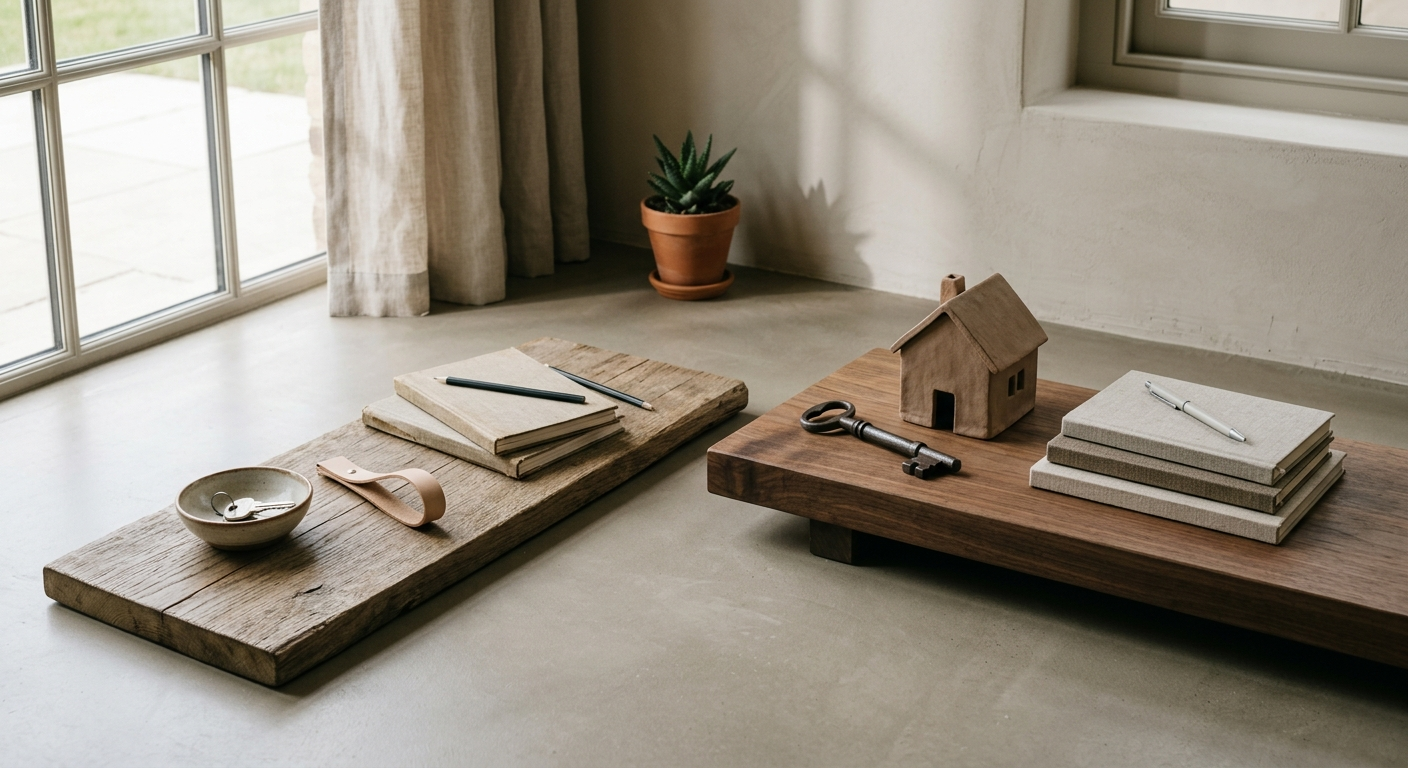 Clean, minimal photograph related to lease vs buy: the financial case for each sober living property strategy in recovery housing. No people, no text.