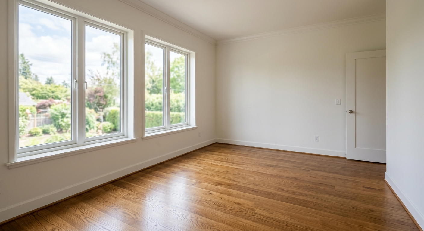 Empty residential bedroom with hardwood floors and large windows, natural lighting, clean and spacious