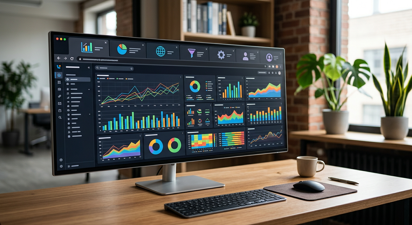 Empty computer desk with multiple browser tabs open showing various advertising dashboards and analytics screens, natural office lighting