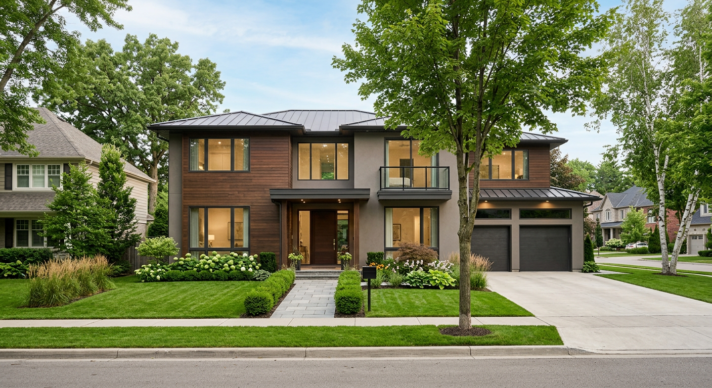 Modern suburban house exterior with multiple bedrooms, clean landscaping, residential neighborhood setting