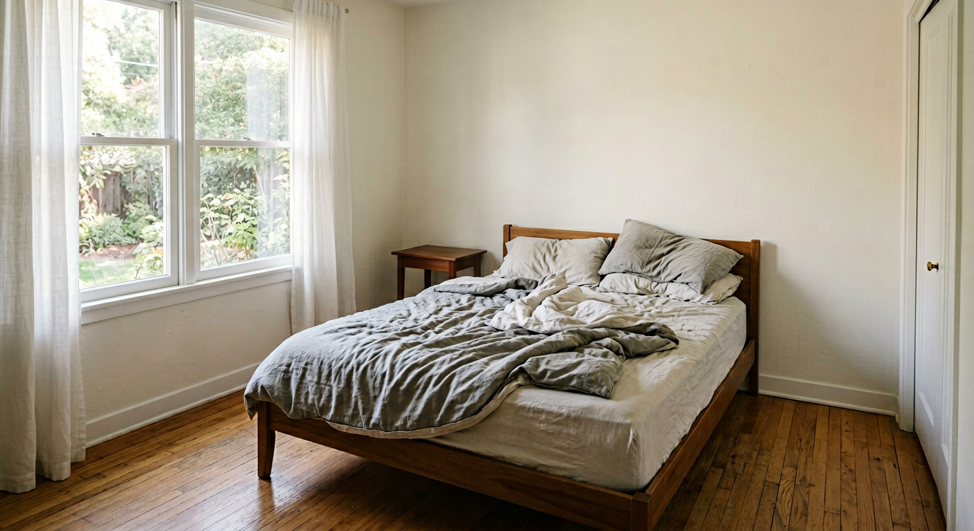 Empty bedroom in a residential home with unmade bed and personal belongings removed, natural lighting through window