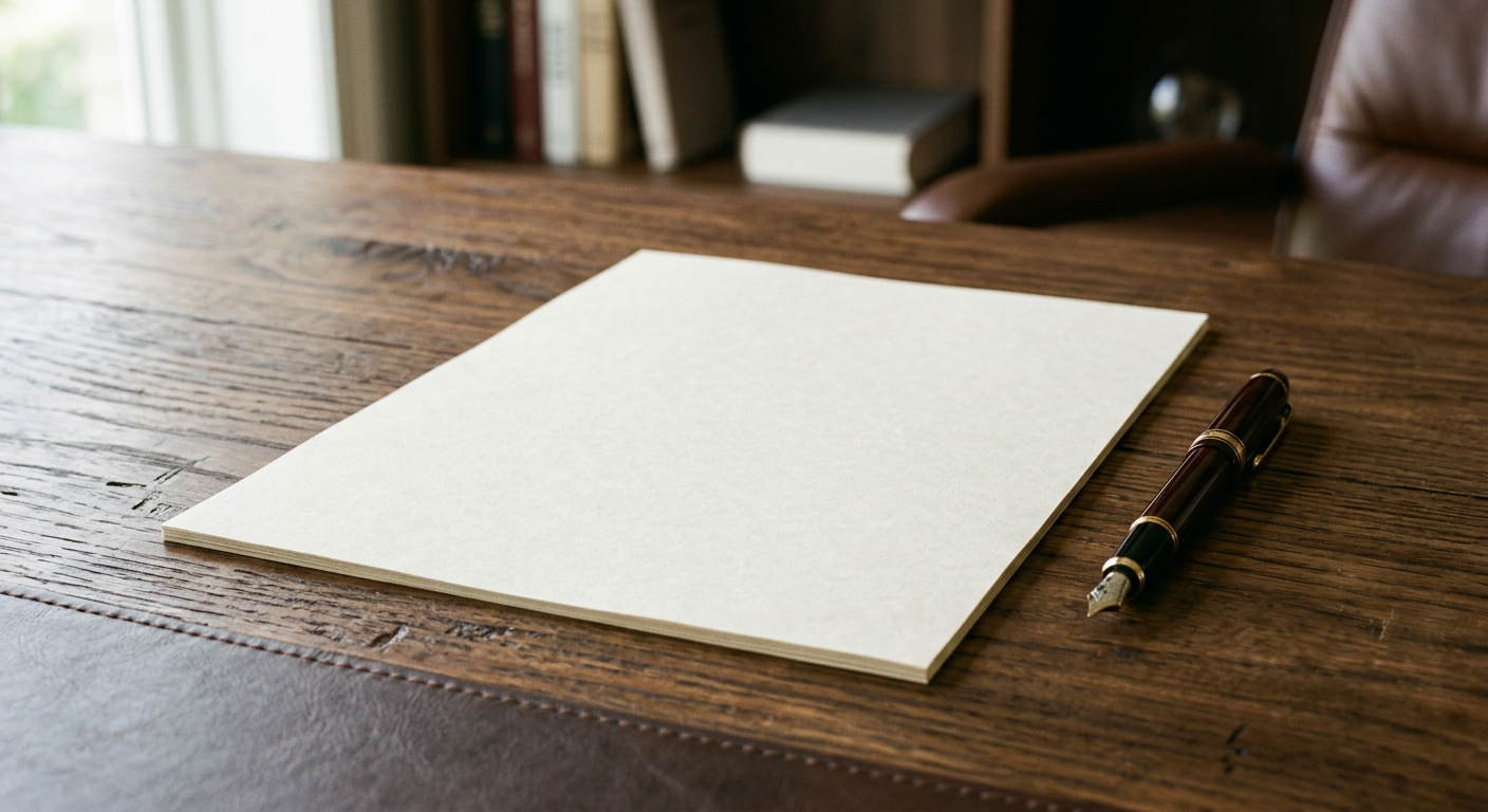 Close-up of a formal legal notice document on a wooden desk with a pen beside it