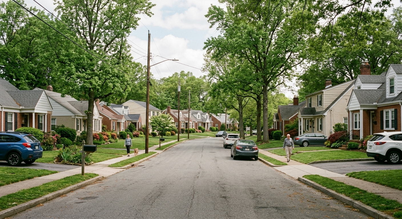 A suburban residential street with single-family homes and mature trees, showing typical zoning where recovery housing battles occur