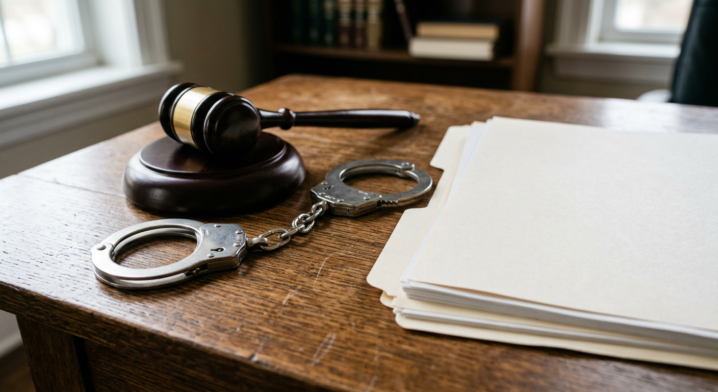 Close-up of handcuffs on a wooden desk next to legal documents and a gavel in natural office lighting