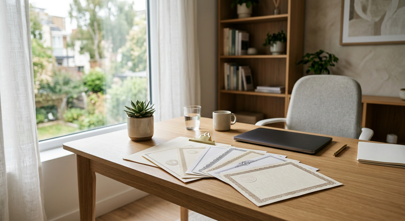 Clean modern office desk with official documents and certification papers spread out, natural lighting from window
