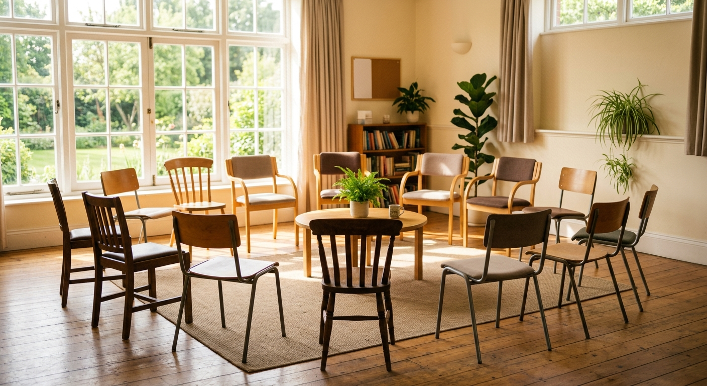 Empty chair in a circle of chairs in a bright community room with morning sunlight streaming through windows