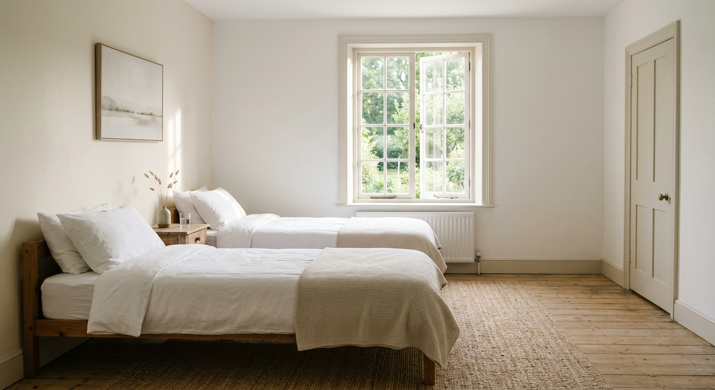 Empty bedroom with two twin beds, morning sunlight through window, clean and simple