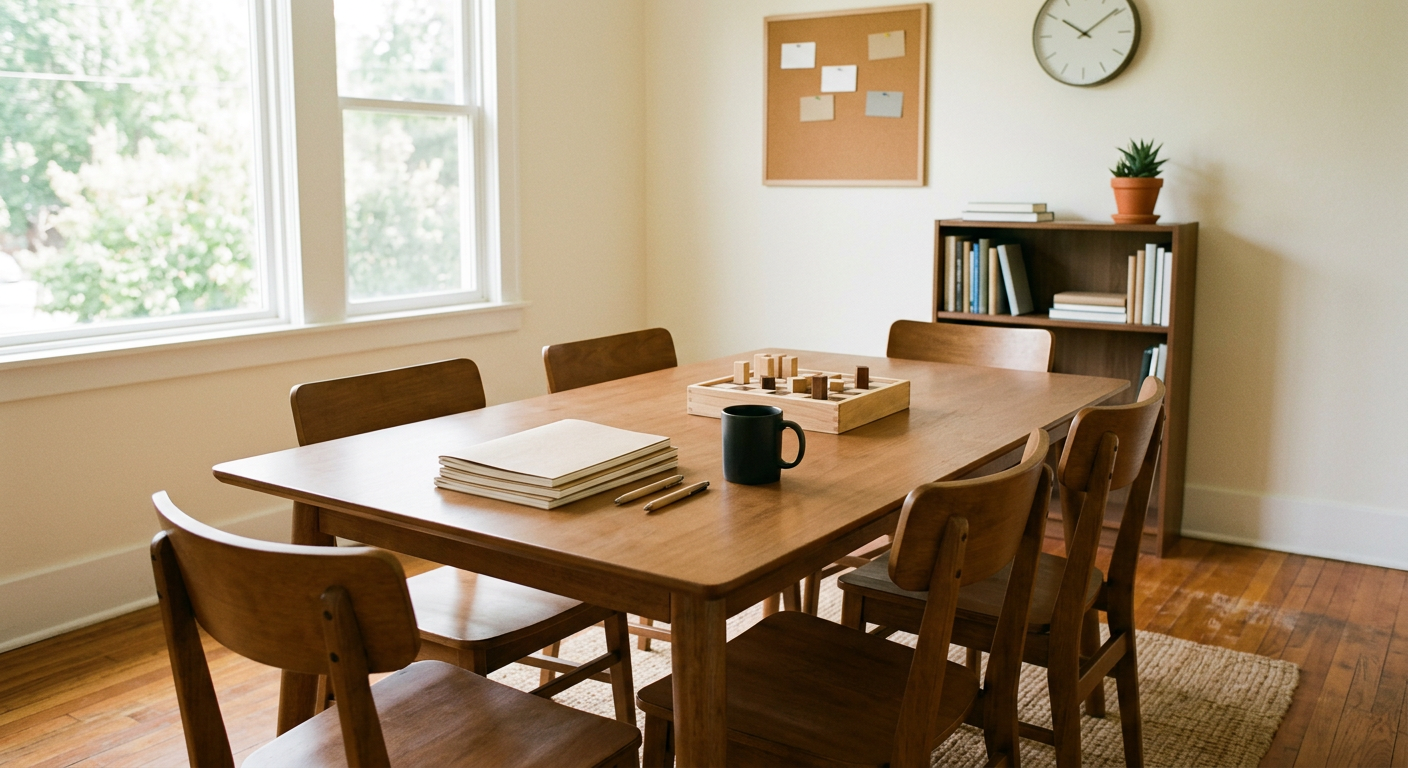 Clean, minimal photograph related to sober living programming that works: activities, meetings, and structure in recovery housing. No people, no text.