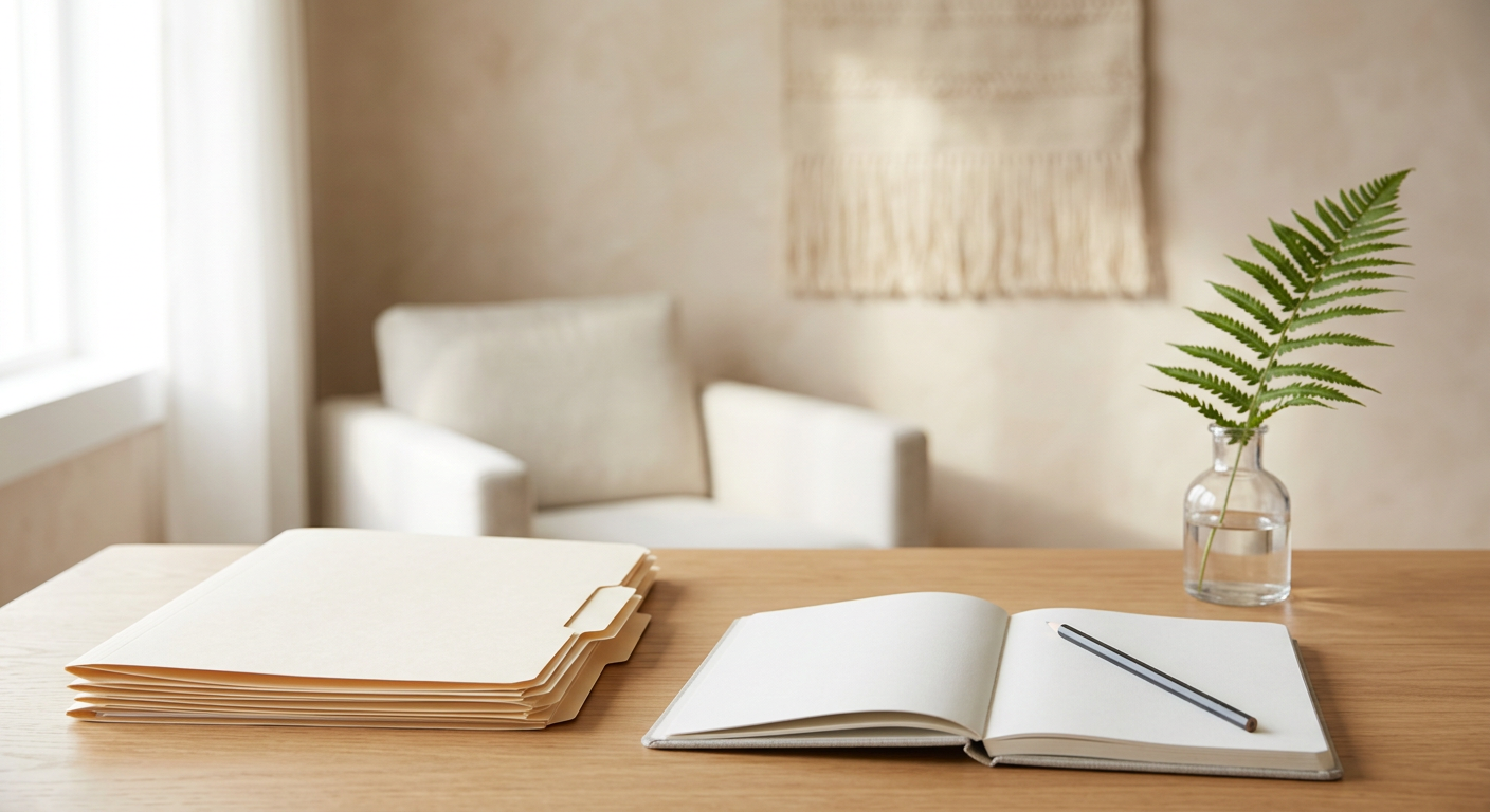 Clean, minimal photograph related to sober living intake best practices: screening that protects everyone in recovery housing. No people, no text.