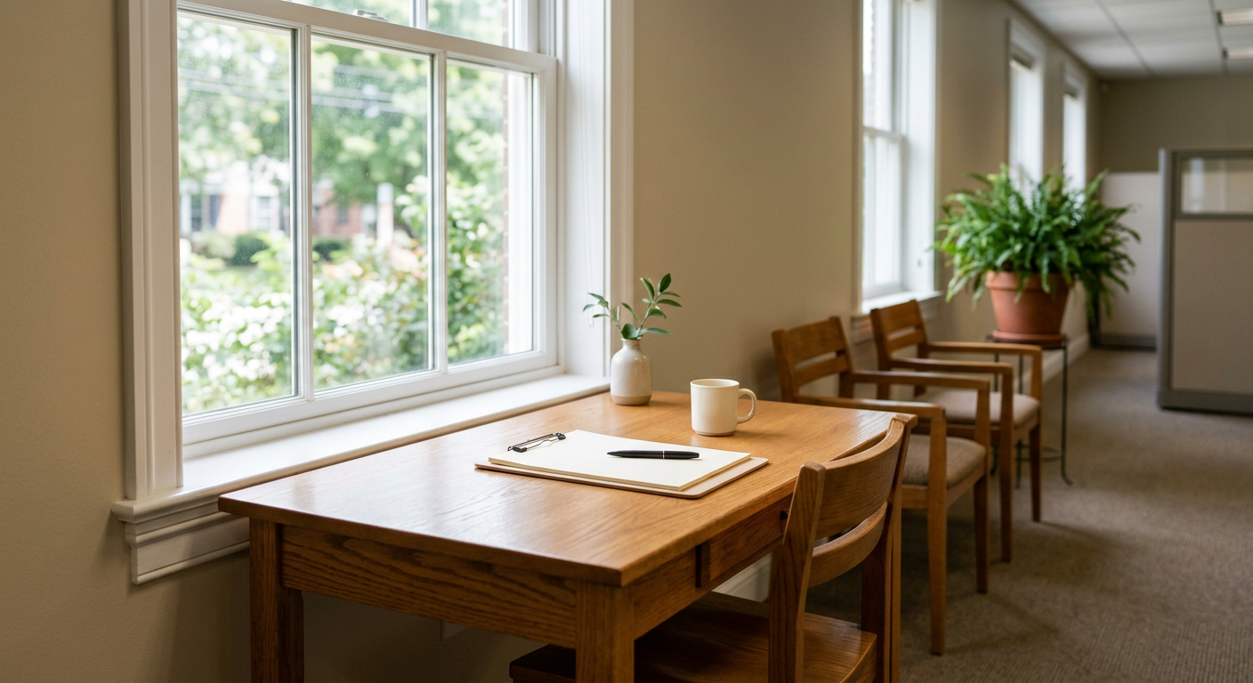 Empty intake desk with clipboard and pen in a quiet office, natural lighting through window