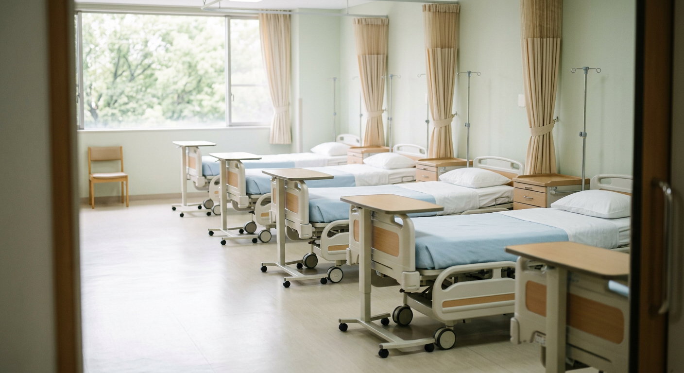 Empty hospital beds in a clean medical facility with natural lighting