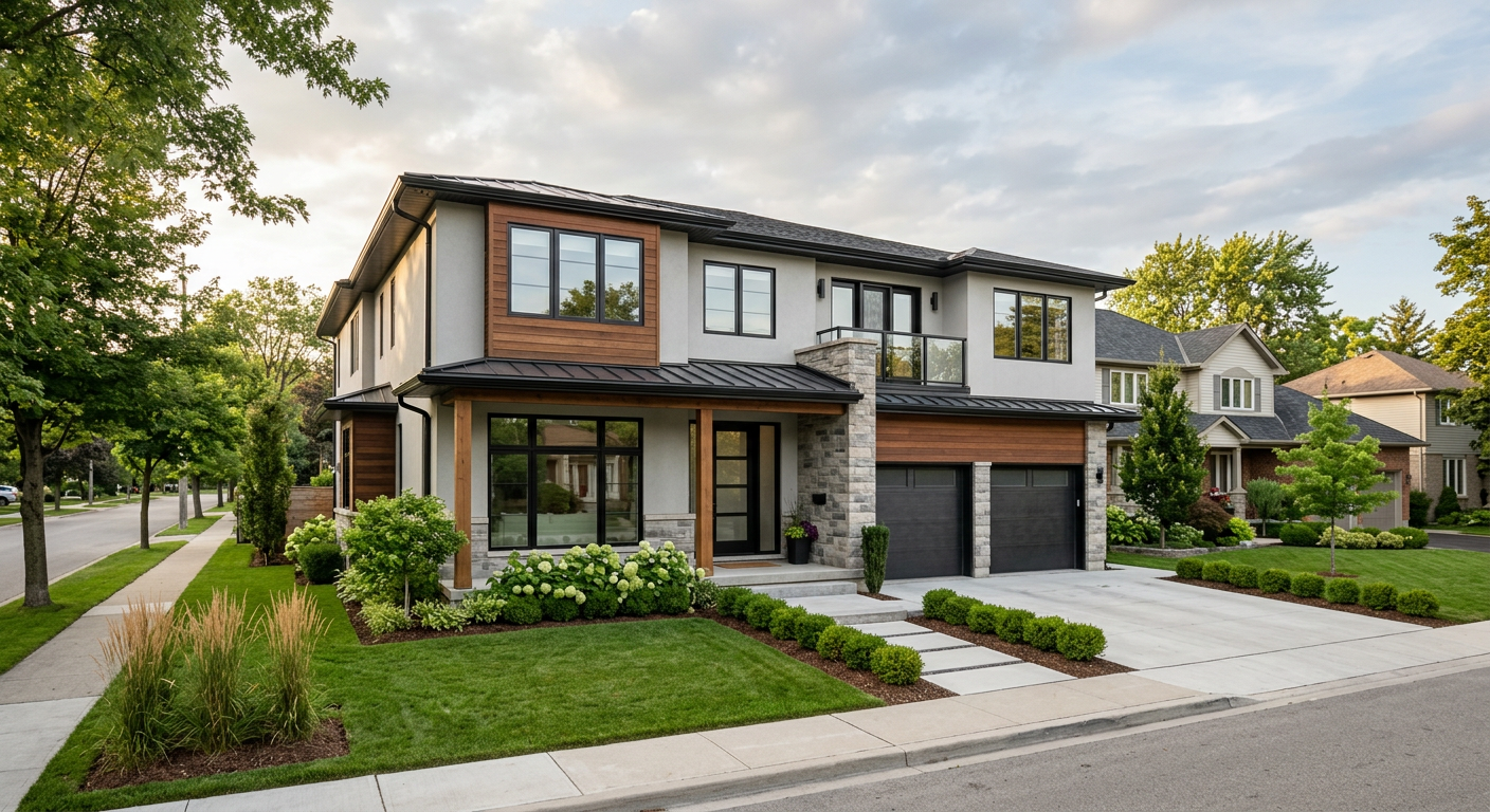 Modern suburban house exterior with multiple bedrooms, clean landscaping, residential neighborhood setting