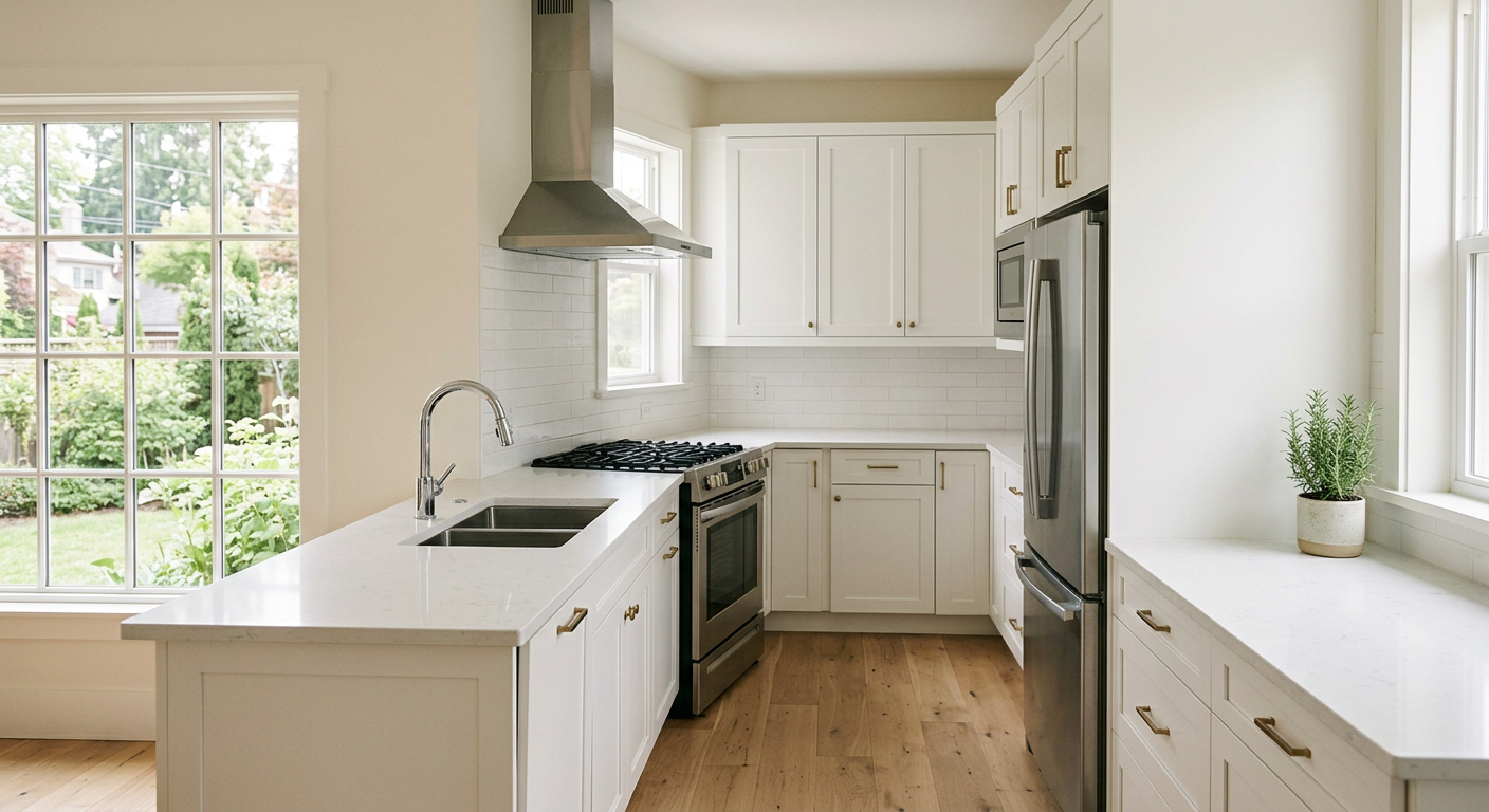 Empty residential kitchen with basic appliances and clean countertops in natural daylight