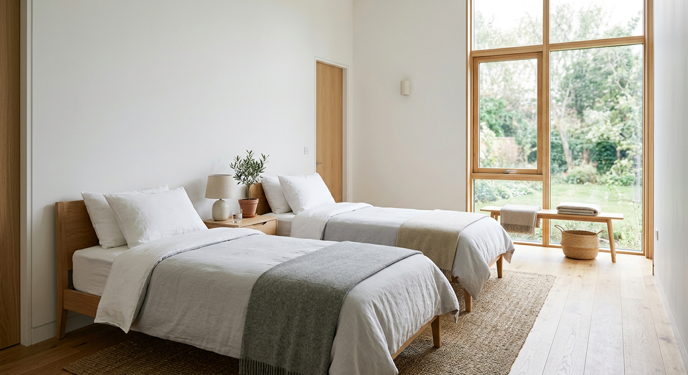 Clean modern bedroom with two single beds, natural lighting through window, minimal furniture