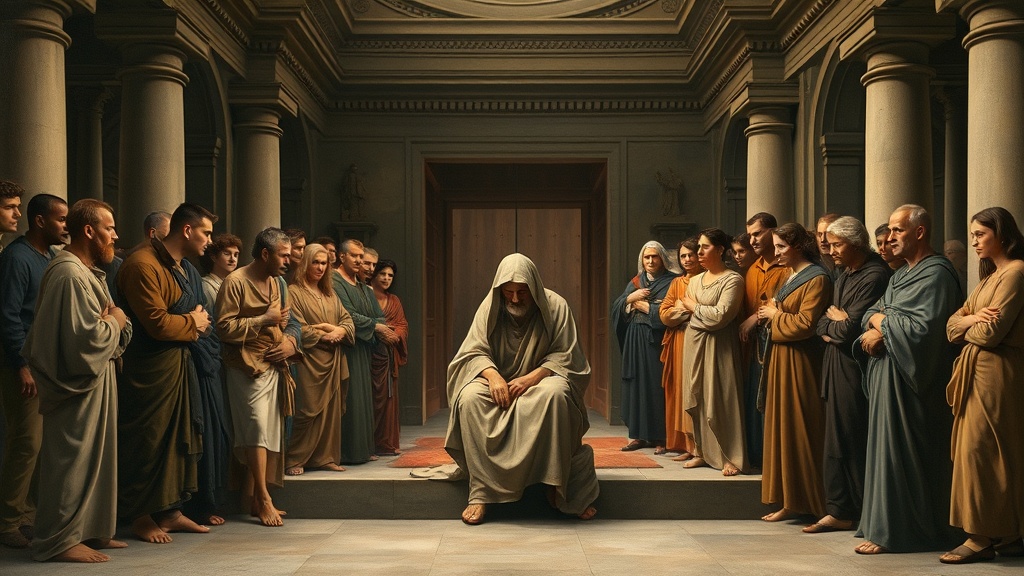 An allegorical religious tableau suggesting stewardship and judgment