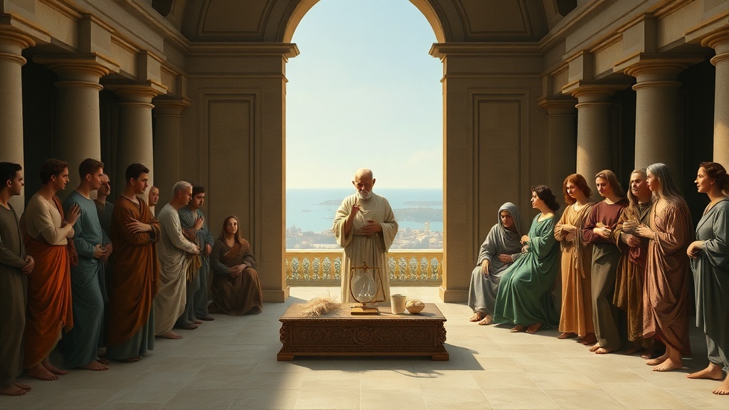 Allegorical scene of stewardship: a balanced scales, coins, wheat, and an hourglass in a classical hall