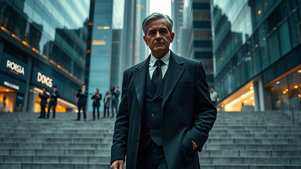 Cinematic scene: a composed, senior professional leaving a modern plaza, conveying weight of responsibility