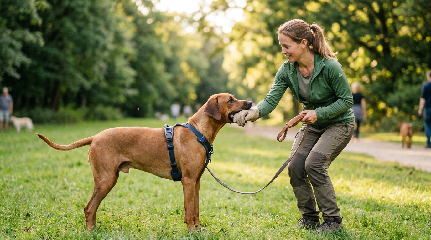 Rhodesian Ridgeback training session with owner outdoors