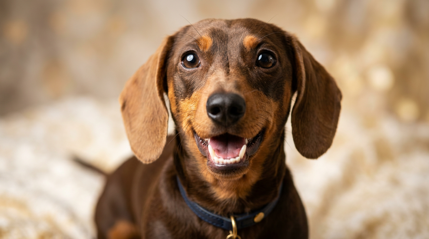 Dachshund dog close up portrait showing teeth and alert expression