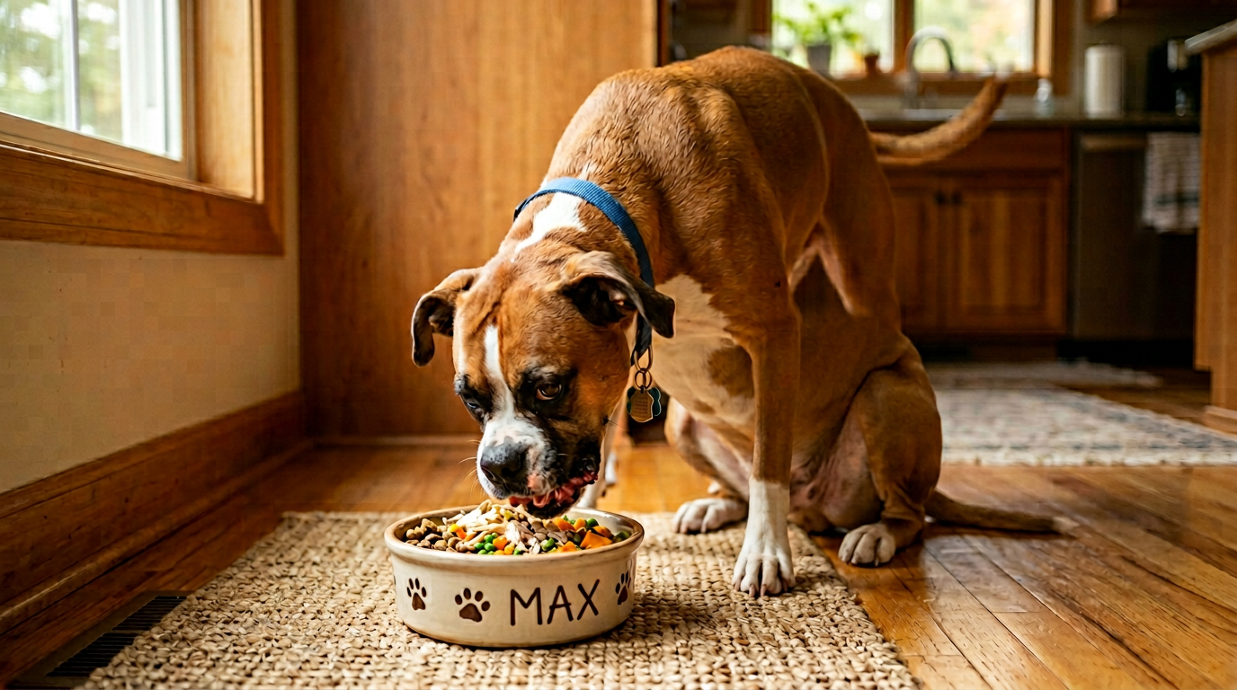 Boxer dog eating from bowl, healthy feeding routine