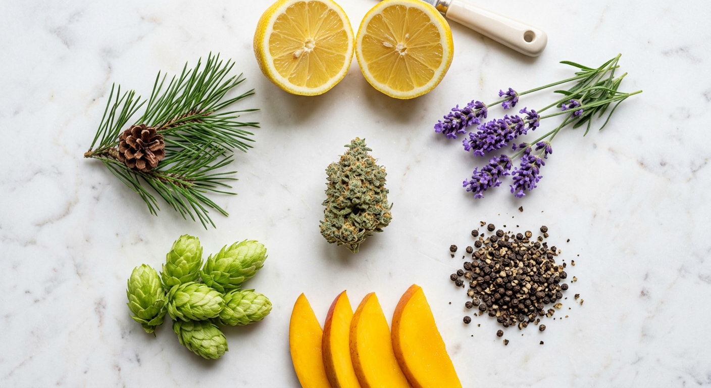 Terpenes don't just come from cannabis — myrcene is abundant in mangoes, linalool in lavender, and beta-caryophyllene in black pepper.