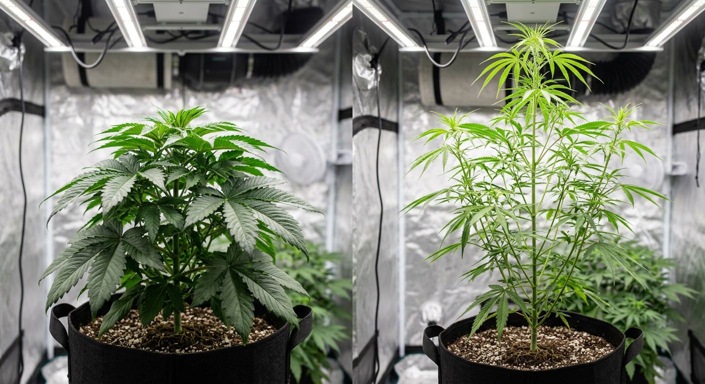 Indica (left) vs sativa (right) plant structure comparison under grow lights