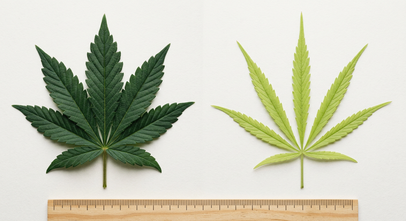 Indica leaf (left) vs sativa leaf (right) — note the dramatic width difference