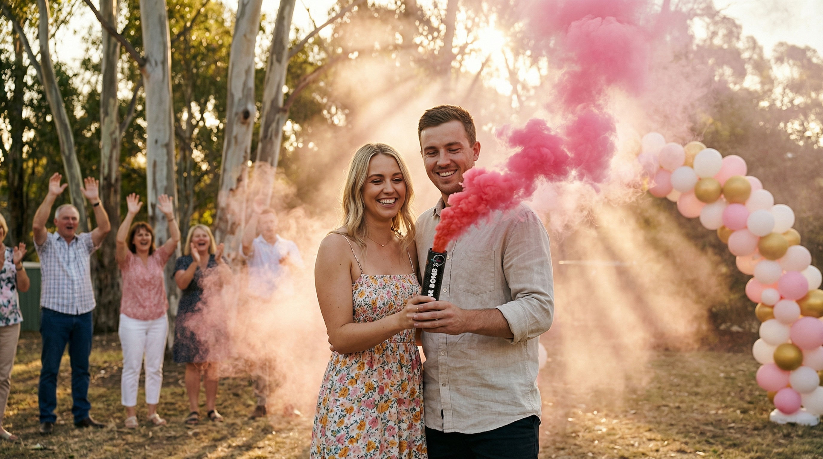 Australian couple celebrating gender reveal with pink smoke bomb in backyard party setting