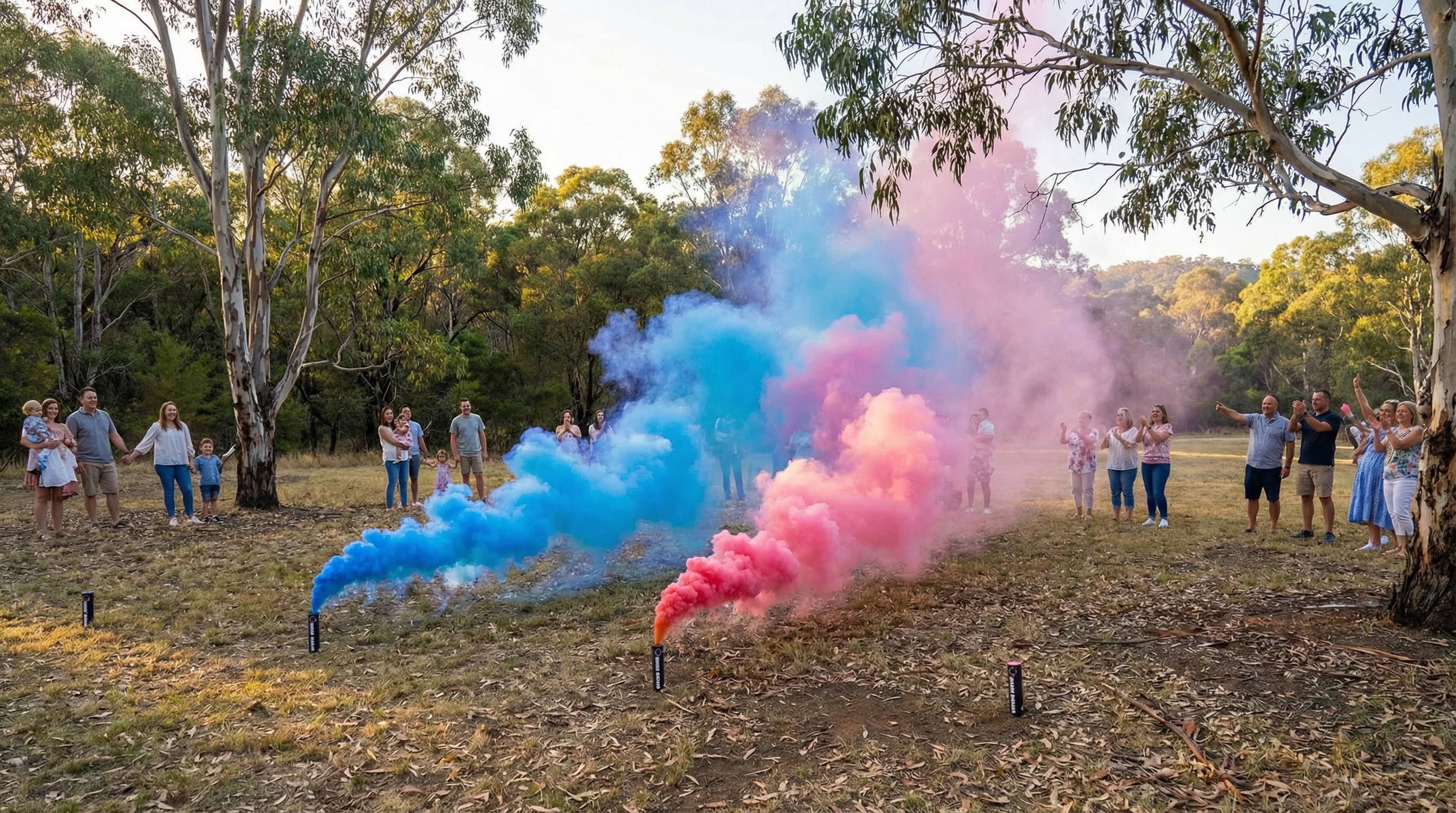 Multiple activated gender reveal smoke bombs creating spectacular blue and pink display in Australian park setting