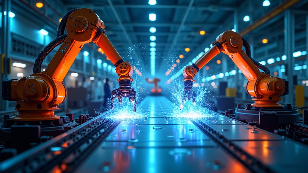 Diagrama que muestra la colaboración entre la IA industrial y la robótica en una línea de montaje.