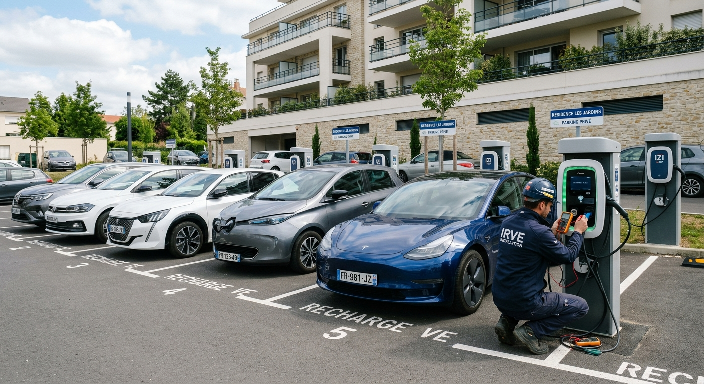 Borne de recharge électrique IRVE moderne installée dans un parking de copropriété avec un installateur vérifiant le branchement.