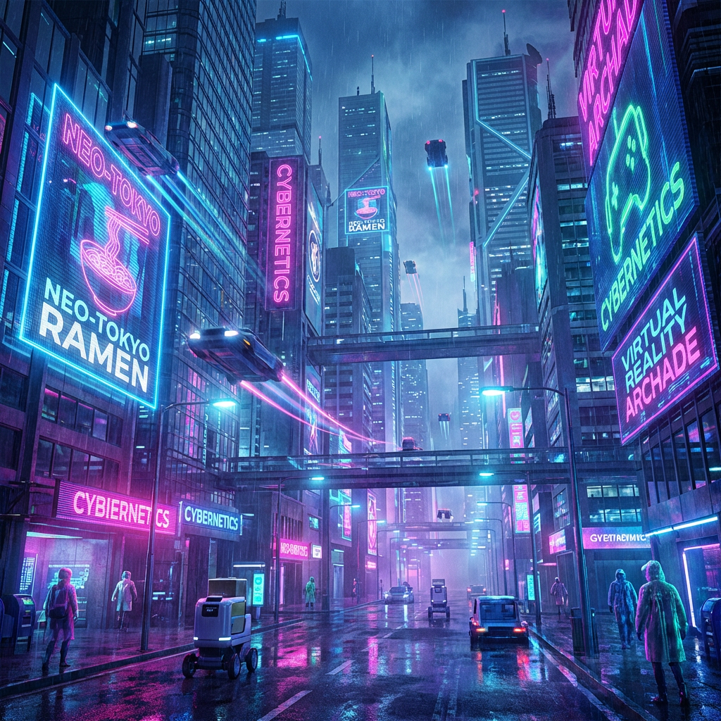 AI-generated cyberpunk cityscape at night with neon billboards, flying cars, and rain-soaked streets reflecting pink and blue lights