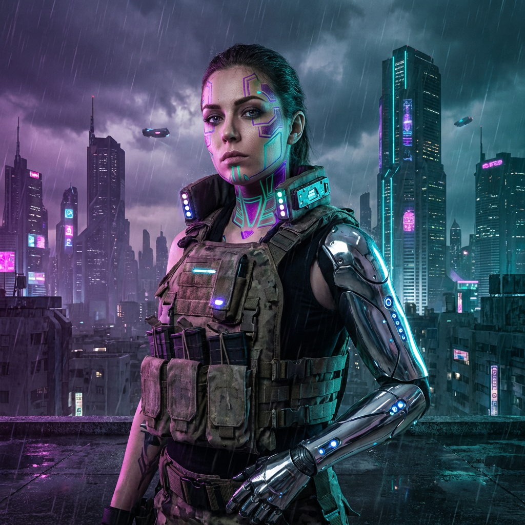 Cyberpunk warrior with chrome cybernetic arm and glowing neon tattoos on a rain-soaked rooftop