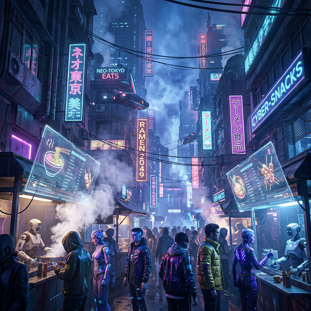 Futuristic cyberpunk marketplace with neon signs, street food vendors, and holographic menus