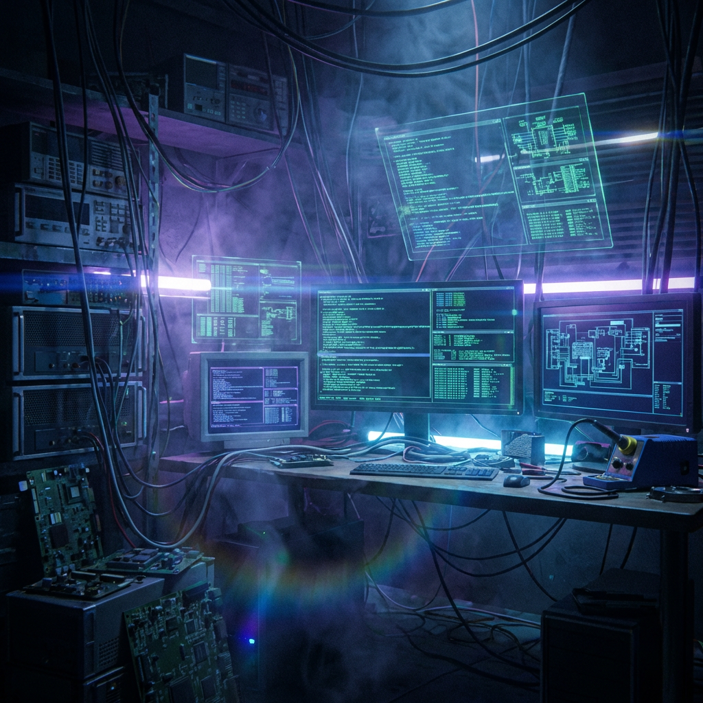 Cyberpunk hacker room with floating holographic screens, neon green data streams, and atmospheric fog