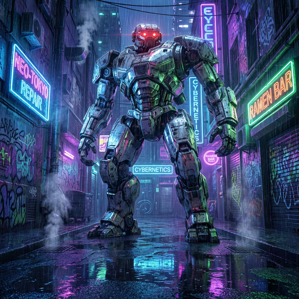 Cyberpunk mech robot with glowing red eyes standing in a neon-lit alleyway with graffiti walls