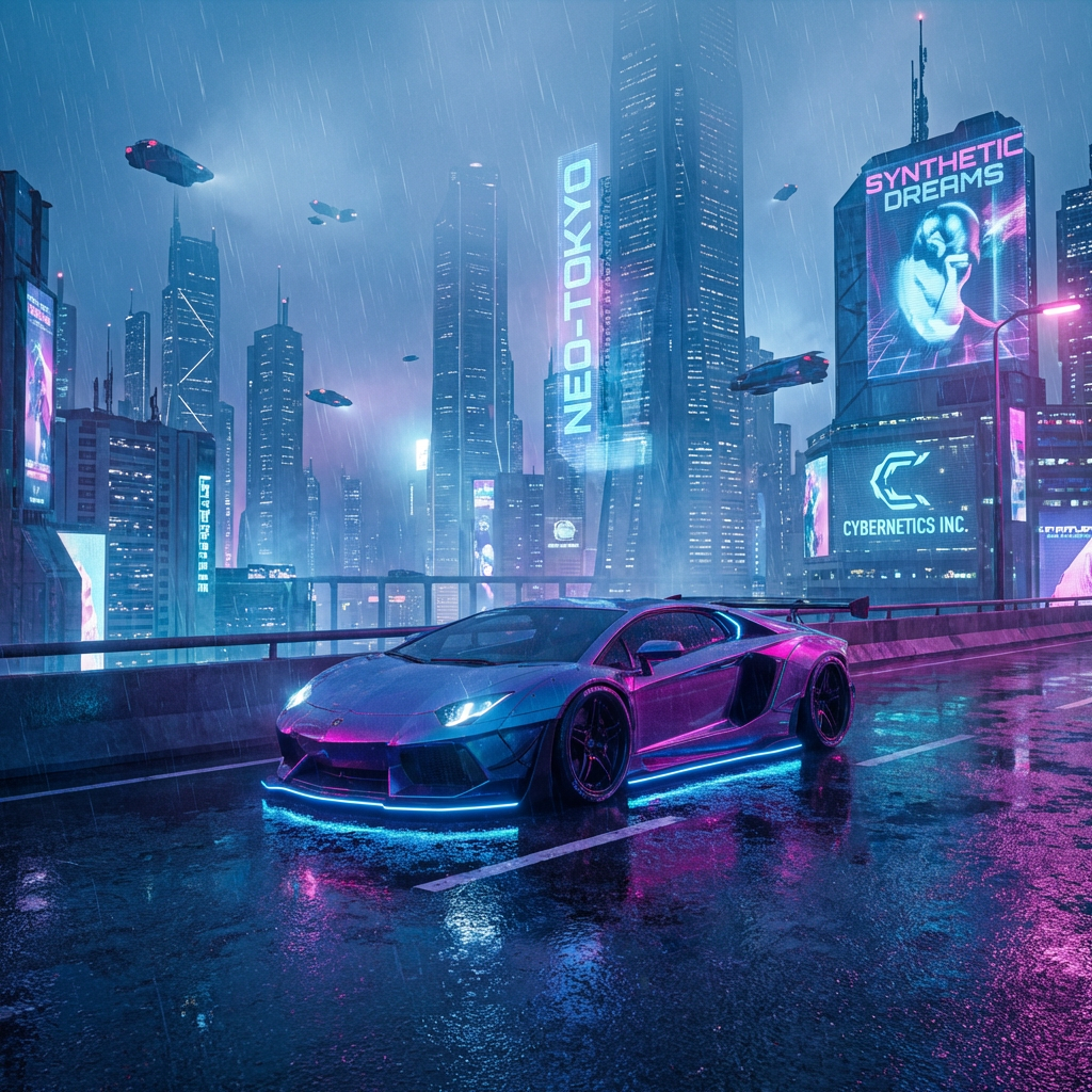 Cyberpunk sports car with neon underglow parked on a rain-soaked highway overpass with futuristic city skyline