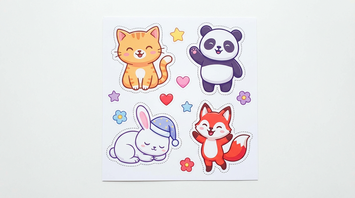 Cute kawaii die-cut sticker sheet with adorable animal characters including cat, panda, bunny, and fox on white background