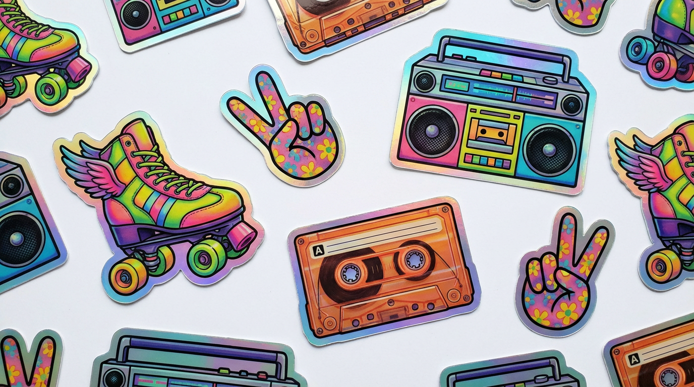 Retro 90s aesthetic glossy vinyl stickers with roller skates, boombox, cassette tape, and peace sign designs
