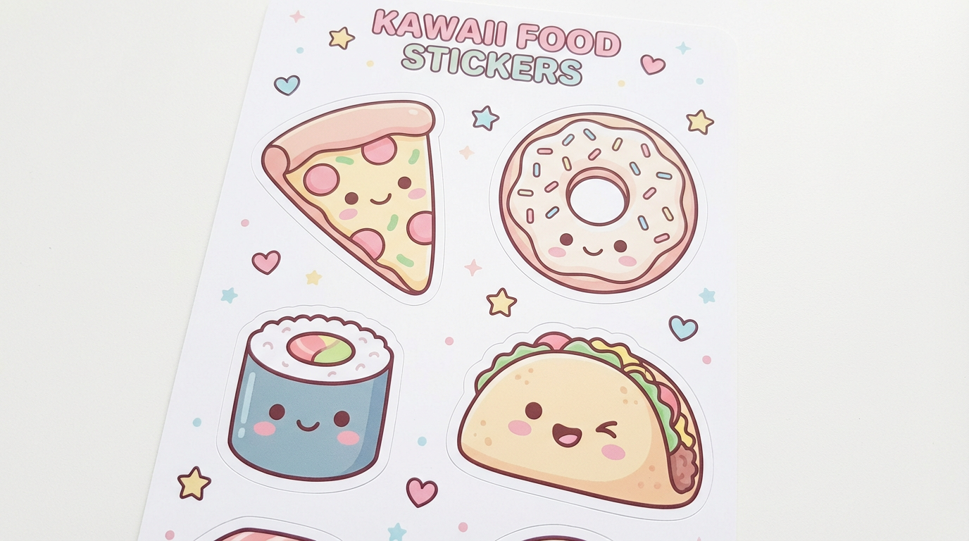 Kawaii food sticker pack with cute faces on pizza slice, donut, sushi roll, and taco in pastel colors